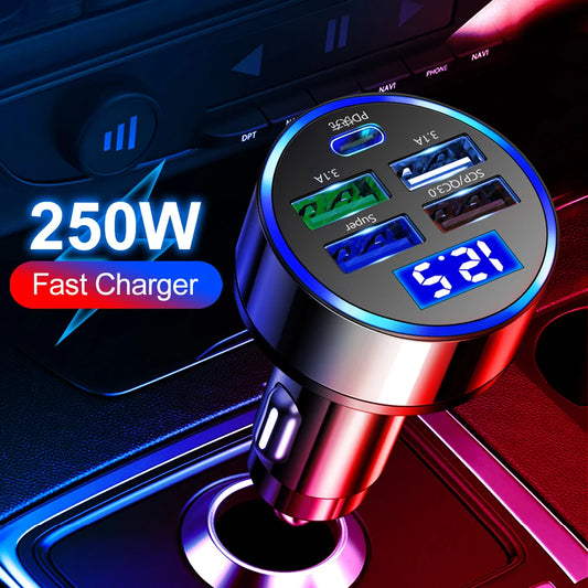 250W LED Car Charger 5 Ports Fast Charge PD QC3.0 USB C Car Phone Charger Type C Adapter in Car for Iphone Samsung Huawei Xiaomi